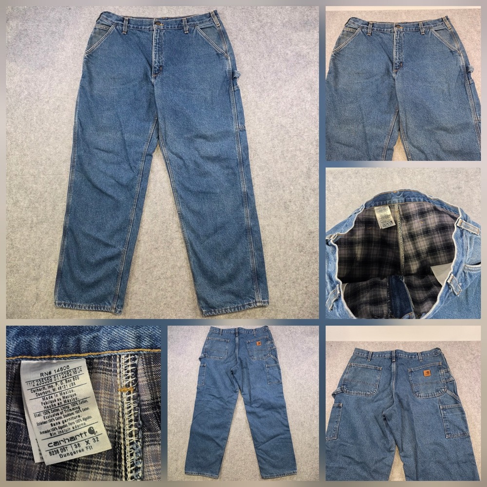 Carhartt Jeans Mens 38x32 Blue Flannel Lined Dungaree B236 DST Workwear Denim